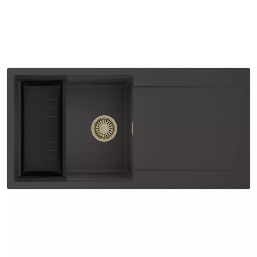 HD Onyx Antracit 100 egymedencés mosogatótálca szett, matt fekete csepegtetőkosárral, csepegtetőtálcával, matt antracit színben, szálcsiszolt arany leeresztő szifonnal