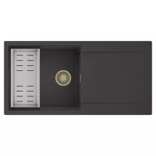HD Onyx Antracit 100 egymedencés mosogatótálca szett, acél csepegtetőkosárral, csepegtetőtálcával, matt antracit színben, szálcsiszolt arany leeresztő szifonnal