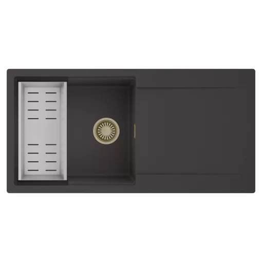 HD Onyx Antracit 100 egymedencés mosogatótálca szett, acél csepegtetőkosárral, csepegtetőtálcával, matt antracit színben, szálcsiszolt arany leeresztő szifonnal
