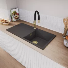 HD Onyx Antracit 100 egymedencés mosogatótálca, csepegtetőtálcával, matt antracit színben, szálcsiszolt arany leeresztő szifonnal