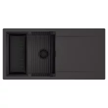 HD Onyx Antracit 100 egymedencés mosogatótálca szett, matt fekete csepegtetőráccsal és kosárral, csepegtetőtálcával, matt antracit színben, matt fekete leeresztő szifonnal