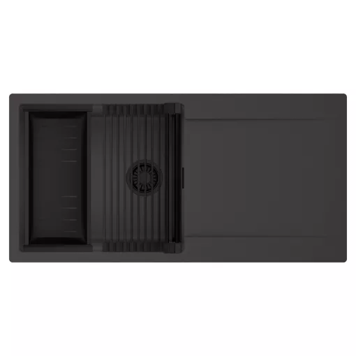 HD Onyx Antracit 100 egymedencés mosogatótálca szett, matt fekete csepegtetőráccsal és kosárral, csepegtetőtálcával, matt antracit színben, matt fekete leeresztő szifonnal