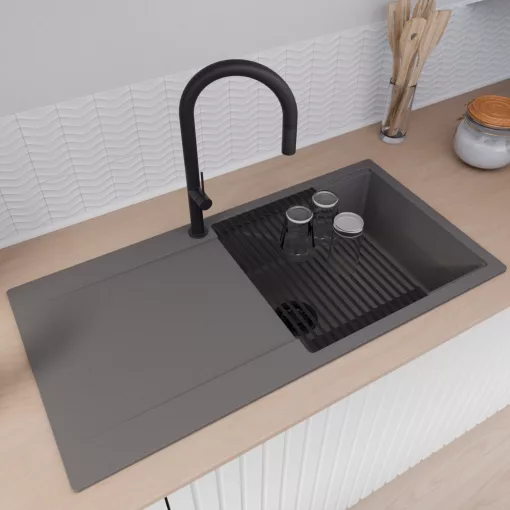 HD Onyx Antracit 100 egymedencés mosogatótálca szett, matt fekete csepegtetőráccsal és kosárral, csepegtetőtálcával, matt antracit színben, matt fekete leeresztő szifonnal