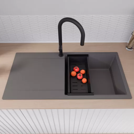 HD Onyx Antracit 100 egymedencés mosogatótálca szett, matt fekete csepegtetőráccsal és kosárral, csepegtetőtálcával, matt antracit színben, matt fekete leeresztő szifonnal