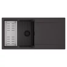 HD Onyx Antracit 100 egymedencés mosogatótálca szett, matt fekete csepegtetőráccsal és krómozott kosárral, csepegtetőtálcával, matt antracit színben, matt fekete leeresztő szifonnal