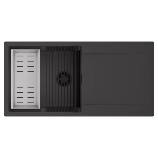 HD Onyx Antracit 100 egymedencés mosogatótálca szett, matt fekete csepegtetőráccsal és krómozott kosárral, csepegtetőtálcával, matt antracit színben, matt fekete leeresztő szifonnal