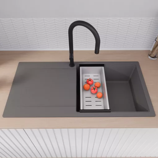 HD Onyx Antracit 100 egymedencés mosogatótálca szett, matt fekete csepegtetőráccsal és krómozott kosárral, csepegtetőtálcával, matt antracit színben, matt fekete leeresztő szifonnal