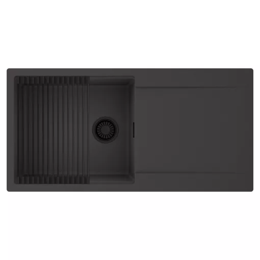 HD Onyx Antracit 100 egymedencés mosogatótálca szett, matt fekete csepegtetőráccsal, csepegtetőtálcával, matt antracit színben, matt fekete leeresztő szifonnal