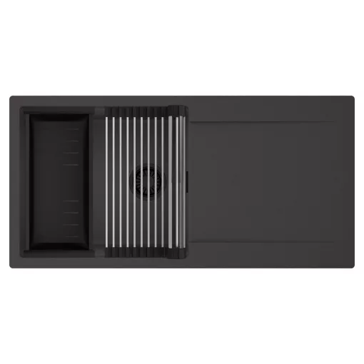HD Onyx Antracit 100 egymedencés mosogatótálca szett, acél csepegtetőráccsal és matt fekete kosárral, csepegtetőtálcával, matt antracit színben, matt fekete leeresztő szifonnal