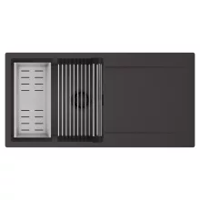 HD Onyx Antracit 100 egymedencés mosogatótálca szett, acél csepegtetőráccsal és kosárral, csepegtetőtálcával, matt antracit színben, matt fekete leeresztő szifonnal