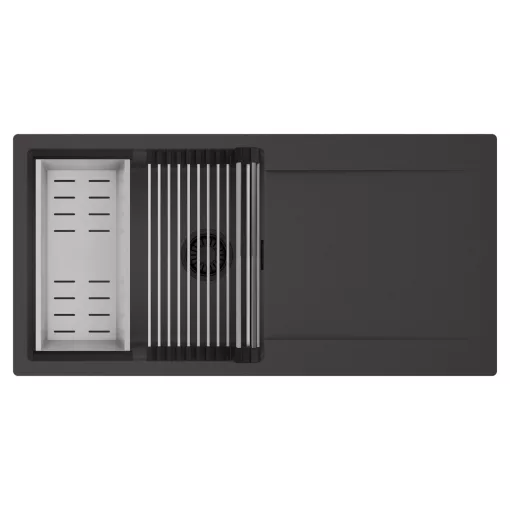 HD Onyx Antracit 100 egymedencés mosogatótálca szett, acél csepegtetőráccsal és kosárral, csepegtetőtálcával, matt antracit színben, matt fekete leeresztő szifonnal