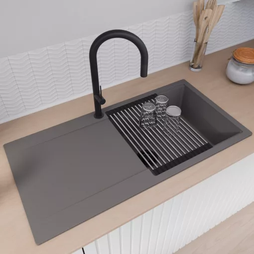 HD Onyx Antracit 100 egymedencés mosogatótálca szett, acél csepegtetőráccsal és kosárral, csepegtetőtálcával, matt antracit színben, matt fekete leeresztő szifonnal