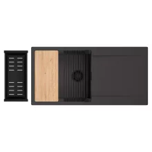 HD Onyx Antracit 100 egymedencés gránit mosogatótálca szett, csepegtetőtálcával, vágódeszkával, matt fekete csepegtetőráccsal és kosárral, matt antracit színben, matt fekete leeresztő szifonnal