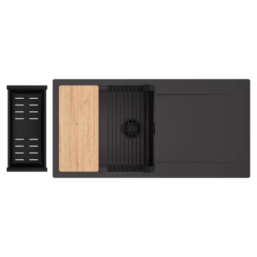 HD Onyx Antracit 100 egymedencés gránit mosogatótálca szett, csepegtetőtálcával, vágódeszkával, matt fekete csepegtetőráccsal és kosárral, matt antracit színben, matt fekete leeresztő szifonnal