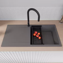 HD Onyx Antracit 100 egymedencés gránit mosogatótálca szett, csepegtetőtálcával, vágódeszkával, matt fekete csepegtetőráccsal és kosárral, matt antracit színben, matt fekete leeresztő szifonnal