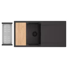 HD Onyx Antracit 100 egymedencés gránit mosogatótálca szett, csepegtetőtálcával, vágódeszkával, matt fekete csepegtetőráccsal és krómozott kosárral, matt antracit színben, matt fekete leeresztő szifonnal