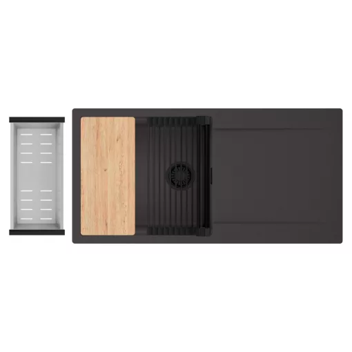 HD Onyx Antracit 100 egymedencés gránit mosogatótálca szett, csepegtetőtálcával, vágódeszkával, matt fekete csepegtetőráccsal és krómozott kosárral, matt antracit színben, matt fekete leeresztő szifonnal