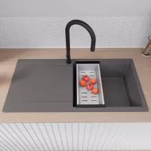 HD Onyx Antracit 100 egymedencés gránit mosogatótálca szett, csepegtetőtálcával, vágódeszkával, matt fekete csepegtetőráccsal és krómozott kosárral, matt antracit színben, matt fekete leeresztő szifonnal