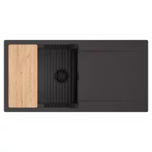 HD Onyx Antracit 100 egymedencés gránit mosogatótálca szett, csepegtetőtálcával, vágódeszkával, matt fekete csepegtetőráccsal, matt antracit színben, matt fekete leeresztő szifonnal