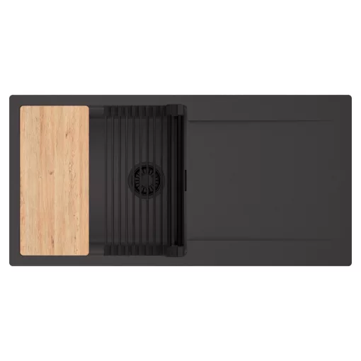 HD Onyx Antracit 100 egymedencés gránit mosogatótálca szett, csepegtetőtálcával, vágódeszkával, matt fekete csepegtetőráccsal, matt antracit színben, matt fekete leeresztő szifonnal