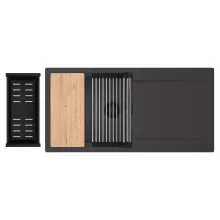 HD Onyx Antracit 100 egymedencés gránit mosogatótálca szett, csepegtetőtálcával, vágódeszkával, acél csepegtetőráccsal és matt fekete kosárral, matt antracit színben, matt fekete leeresztő szifonnal