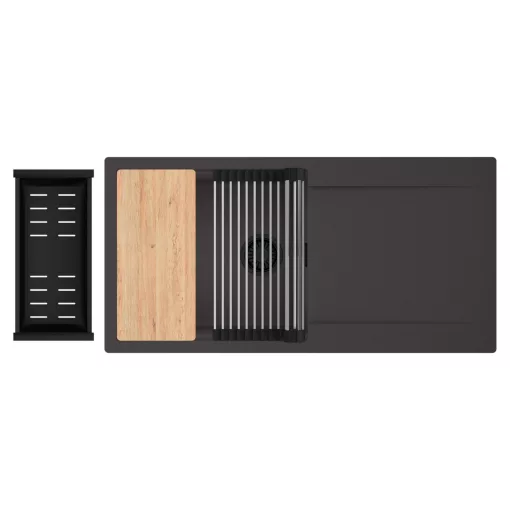 HD Onyx Antracit 100 egymedencés gránit mosogatótálca szett, csepegtetőtálcával, vágódeszkával, acél csepegtetőráccsal és matt fekete kosárral, matt antracit színben, matt fekete leeresztő szifonnal