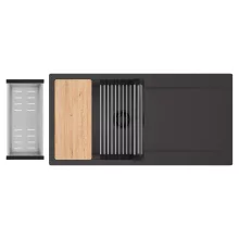 HD Onyx Antracit 100 egymedencés gránit mosogatótálca szett, csepegtetőtálcával, vágódeszkával, acél csepegtetőráccsal és kosárral, matt antracit színben, matt fekete leeresztő szifonnal