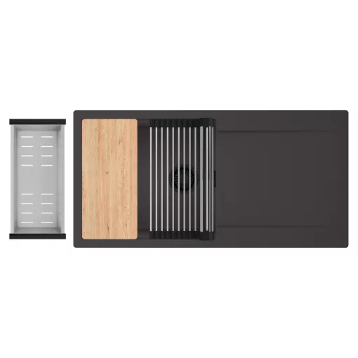 HD Onyx Antracit 100 egymedencés gránit mosogatótálca szett, csepegtetőtálcával, vágódeszkával, acél csepegtetőráccsal és kosárral, matt antracit színben, matt fekete leeresztő szifonnal