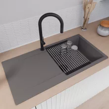 HD Onyx Antracit 100 egymedencés gránit mosogatótálca szett, csepegtetőtálcával, vágódeszkával, acél csepegtetőráccsal és kosárral, matt antracit színben, matt fekete leeresztő szifonnal