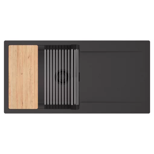 HD Onyx Antracit 100 egymedencés gránit mosogatótálca szett, csepegtetőtálcával, vágódeszkával, acél csepegtetőráccsal, matt antracit színben, matt fekete leeresztő szifonnal