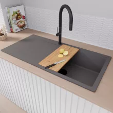 HD Onyx Antracit 100 egymedencés gránit mosogatótálca szett, csepegtetőtálcával, vágódeszkával, acél csepegtetőráccsal, matt antracit színben, matt fekete leeresztő szifonnal