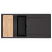 HD Onyx Antracit 100 egymedencés gránit mosogatótálca szett, csepegtetőtálcával, vágódeszkával, matt fekete csepegtetőkosárral, matt antracit színben, matt fekete leeresztő szifonnal