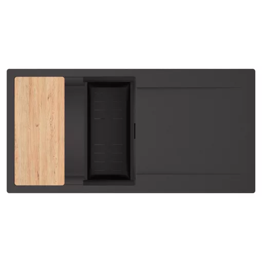 HD Onyx Antracit 100 egymedencés gránit mosogatótálca szett, csepegtetőtálcával, vágódeszkával, matt fekete csepegtetőkosárral, matt antracit színben, matt fekete leeresztő szifonnal