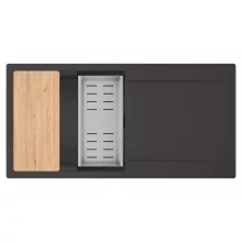 HD Onyx Antracit 100 egymedencés gránit mosogatótálca szett, csepegtetőtálcával, vágódeszkával, acél csepegtetőkosárral, matt antracit színben, matt fekete leeresztő szifonnal