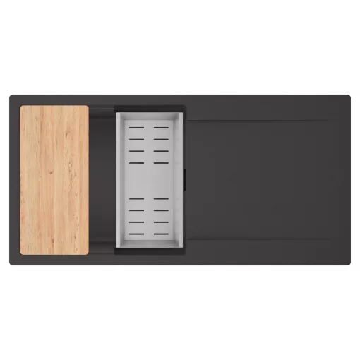 HD Onyx Antracit 100 egymedencés gránit mosogatótálca szett, csepegtetőtálcával, vágódeszkával, acél csepegtetőkosárral, matt antracit színben, matt fekete leeresztő szifonnal