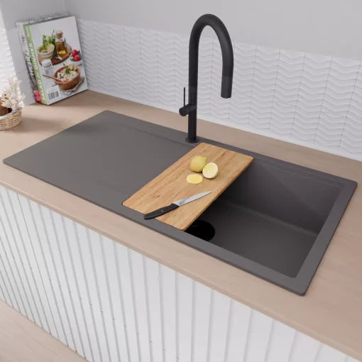 HD Onyx Antracit 100 egymedencés gránit mosogatótálca szett, csepegtetőtálcával, vágódeszkával, acél csepegtetőkosárral, matt antracit színben, matt fekete leeresztő szifonnal