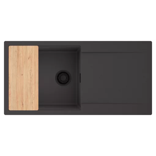 HD Onyx Antracit 100 egymedencés gránit mosogatótálca, vágódeszkával, matt antracit színben, matt fekete leeresztő szifonnal