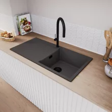 HD Onyx Antracit 100 egymedencés gránit mosogatótálca, vágódeszkával, matt antracit színben, matt fekete leeresztő szifonnal