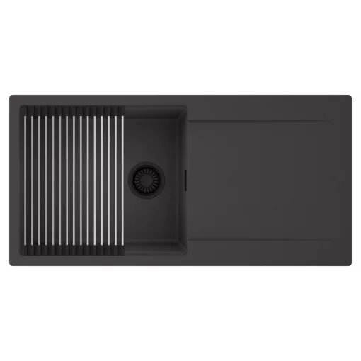 HD Onyx Antracit 100 egymedencés mosogatótálca szett, acél csepegtetőráccsal, csepegtetőtálcával, matt antracit színben, matt fekete leeresztő szifonnal