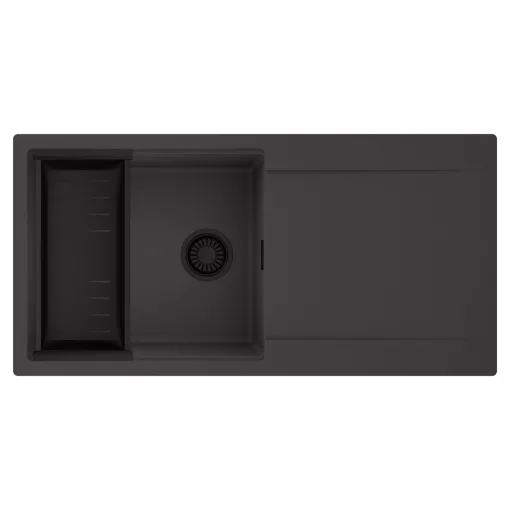 HD Onyx Antracit 100 egymedencés mosogatótálca szett, matt fekete csepegtetőkosárral, csepegtetőtálcával, matt antracit színben, matt fekete leeresztő szifonnal
