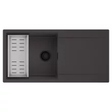 HD Onyx Antracit 100 egymedencés mosogatótálca szett, acél csepegtetőkosárral, csepegtetőtálcával, matt antracit színben, matt fekete leeresztő szifonnal