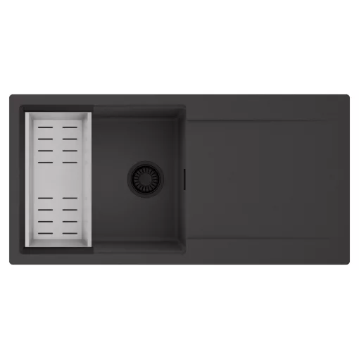 HD Onyx Antracit 100 egymedencés mosogatótálca szett, acél csepegtetőkosárral, csepegtetőtálcával, matt antracit színben, matt fekete leeresztő szifonnal