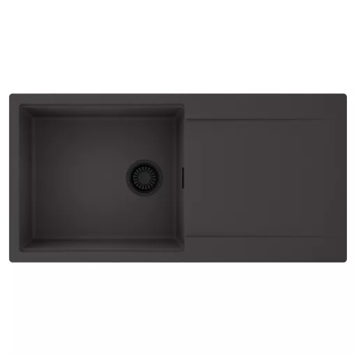 HD Onyx Antracit 100 egymedencés mosogatótálca, csepegtetőtálcával, matt antracit színben, matt fekete leeresztő szifonnal
