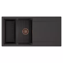 HD Onyx Antracit 100 egymedencés mosogatótálca szett, matt fekete csepegtetőráccsal és kosárral, csepegtetőtálcával, matt antracit színben, szálcsiszolt réz leeresztő szifonnal