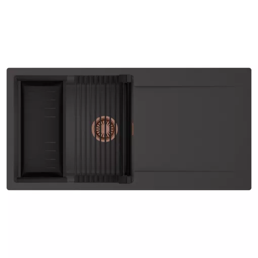 HD Onyx Antracit 100 egymedencés mosogatótálca szett, matt fekete csepegtetőráccsal és kosárral, csepegtetőtálcával, matt antracit színben, szálcsiszolt réz leeresztő szifonnal
