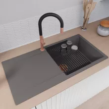 HD Onyx Antracit 100 egymedencés mosogatótálca szett, matt fekete csepegtetőráccsal és kosárral, csepegtetőtálcával, matt antracit színben, szálcsiszolt réz leeresztő szifonnal