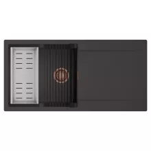 HD Onyx Antracit 100 egymedencés mosogatótálca szett, matt fekete csepegtetőráccsal és krómozott kosárral, csepegtetőtálcával, matt antracit színben, szálcsiszolt réz leeresztő szifonnal