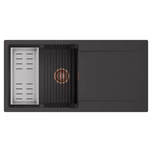 HD Onyx Antracit 100 egymedencés mosogatótálca szett, matt fekete csepegtetőráccsal és krómozott kosárral, csepegtetőtálcával, matt antracit színben, szálcsiszolt réz leeresztő szifonnal