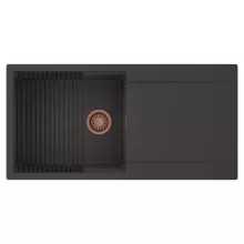 HD Onyx Antracit 100 egymedencés mosogatótálca szett, matt fekete csepegtetőráccsal, csepegtetőtálcával, matt antracit színben, szálcsiszolt réz leeresztő szifonnal