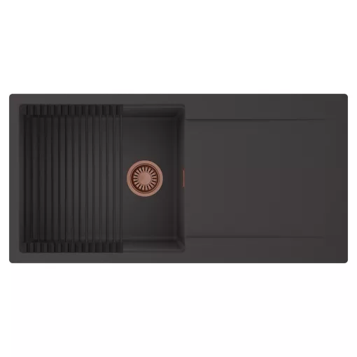 HD Onyx Antracit 100 egymedencés mosogatótálca szett, matt fekete csepegtetőráccsal, csepegtetőtálcával, matt antracit színben, szálcsiszolt réz leeresztő szifonnal